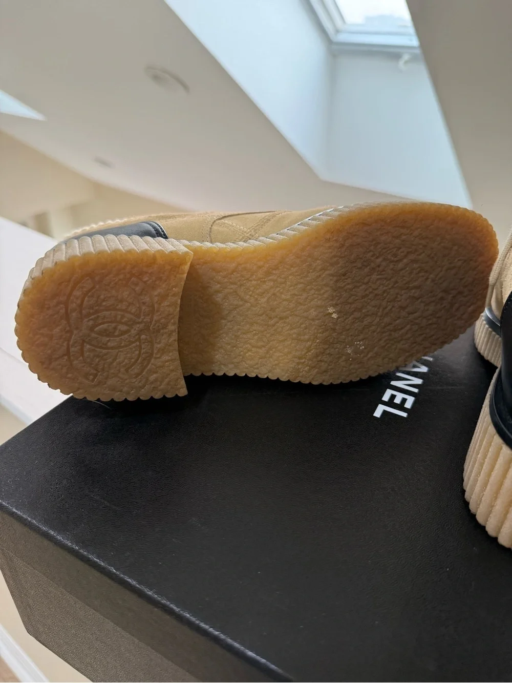 CHANEL Beige Suede and Black Leather Cap-Toe Lace-Up Boots
